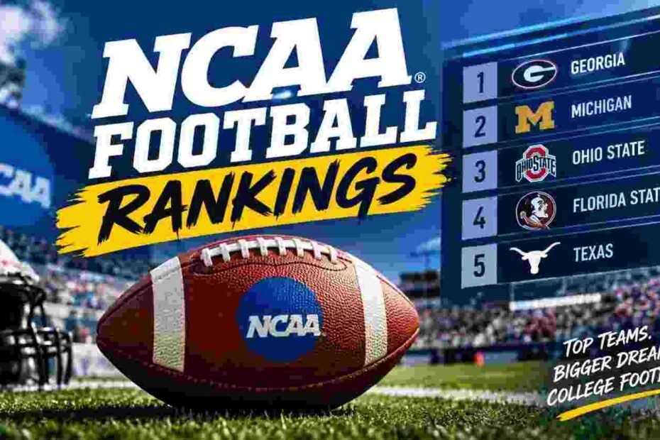 NCAA Football Rankings showing top college football teams
