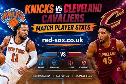 New York Knicks vs Cleveland Cavaliers match player stats featured image with basketball players, team logos, and player statistics graphics.