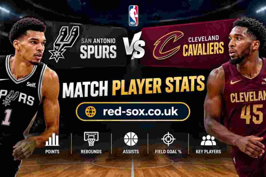 San Antonio Spurs vs Cleveland Cavaliers Match Player Stats featured image with basketball players and red-sox.co.uk branding