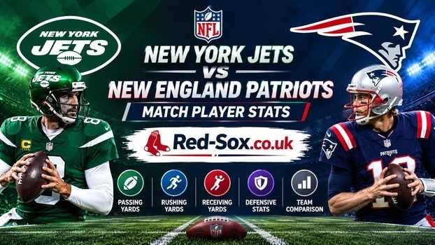New York Jets vs New England Patriots match player stats featured image with team graphics and Red-Sox.co.uk branding.