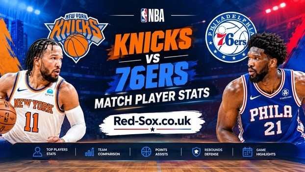 Knicks vs 76ers match player stats featured image with team branding and basketball player visuals for Red-Sox.co.uk
